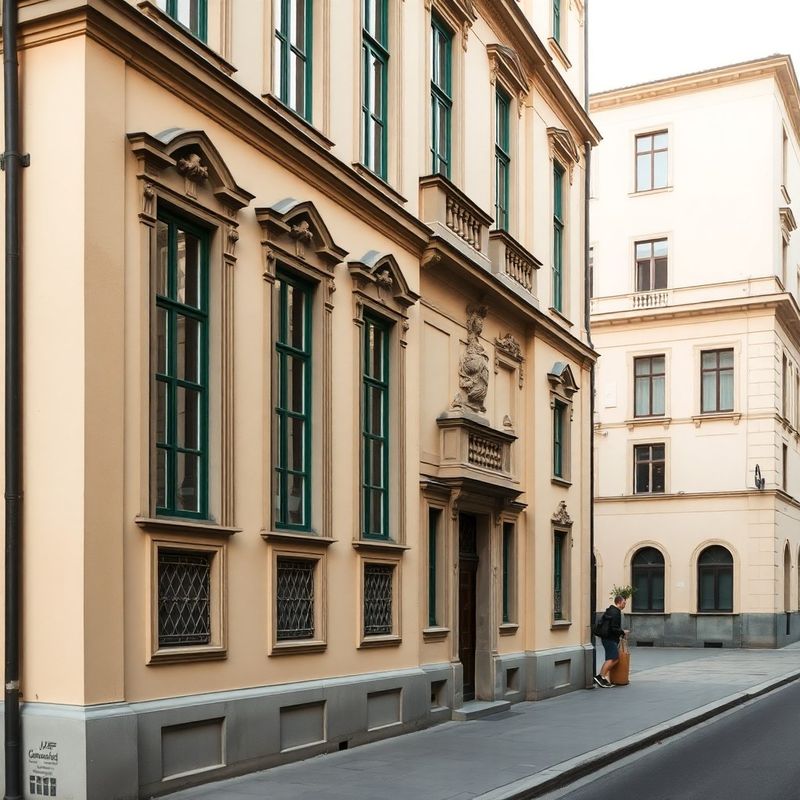 Fasáda historickej budovy s krémovou omietkou a lesno-zelenými okennými rámami
